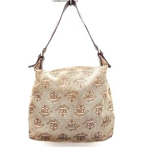 ``P740 Dooney & Bourke Vintage Crest Logo fabric & leather chocolate Khaki Purse